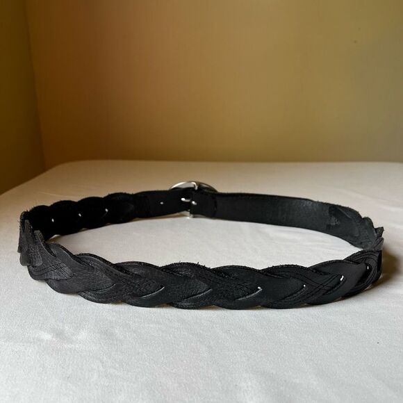 Talbots Black Leather Woven Belt‎ Silver Oval Buckle Casual Boho Western 36 - Picture 3 of 8